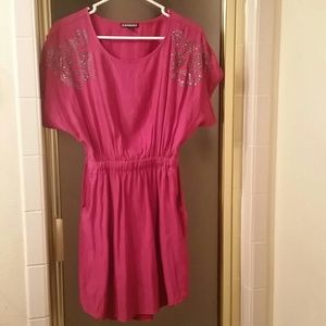 Maroon-pink silky satin dress with embellishments