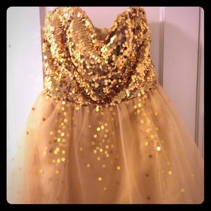 Gold sequin strapless sweetheart neckline dress