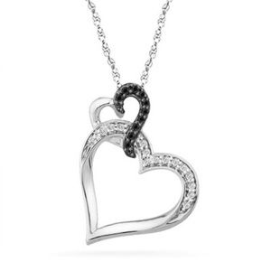 Black & White Diamond Tilted Double Heart Pendant