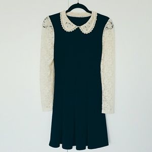 Dark Navy Blue Dress with Lace Collar & Sleeves