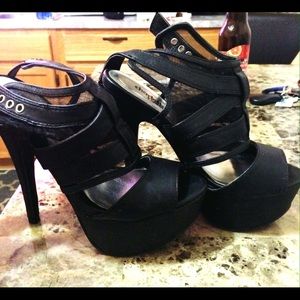 Black, multi strap, open toe heels
