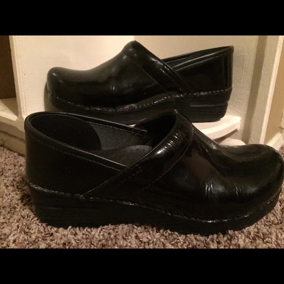 Dansko professional black patent leather clogs.