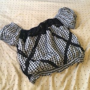 GINGHAM + LACE OFF THE SHOULDER TOP