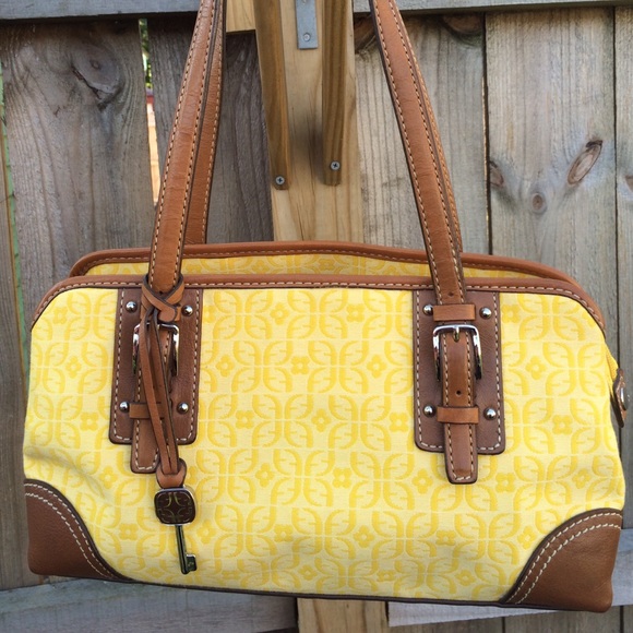 Fossil yellow canvas satchel with leather trim
