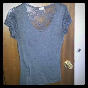 Dark Grey Short Sleeve Shirt with All Lace Back