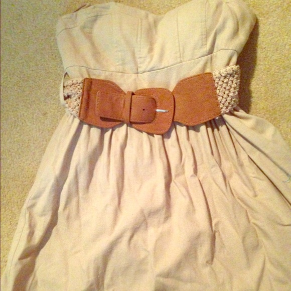 Tan strapless dress with belt