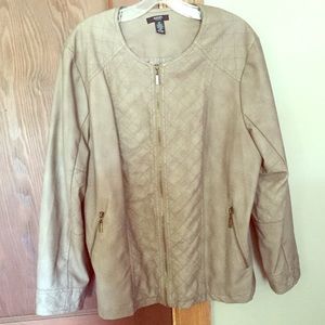 Beige leather jacket.