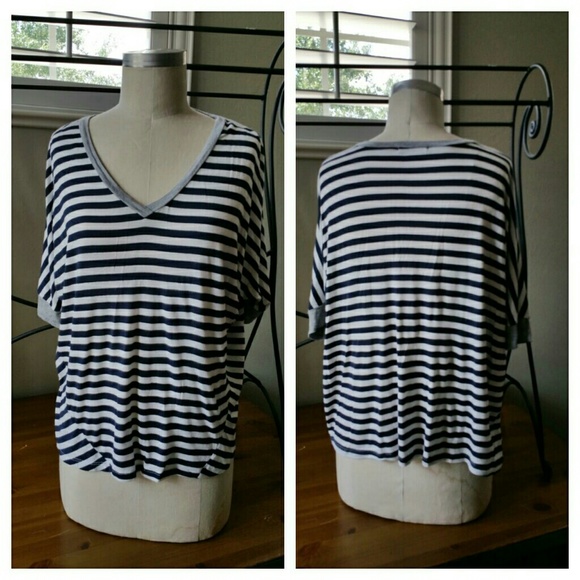 Navy Blue/Beige Striped Top with Gray Trim
