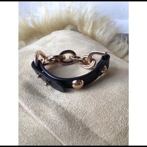 Black leather and gold chain bracelet