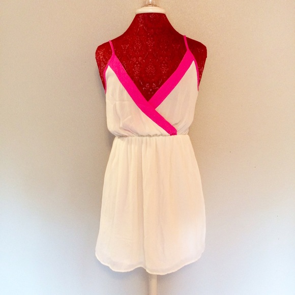 Apricot Lane Dresses & Skirts - White Chiffon Dress with Bright Pink Trim