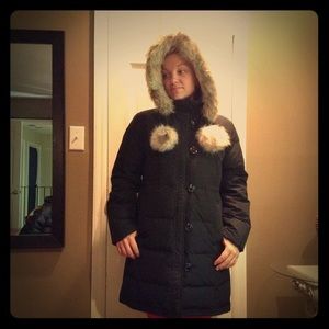 Black Down Puffer Coat with Fur Trim