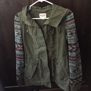 Green Army Jacket With Knit Sleeves