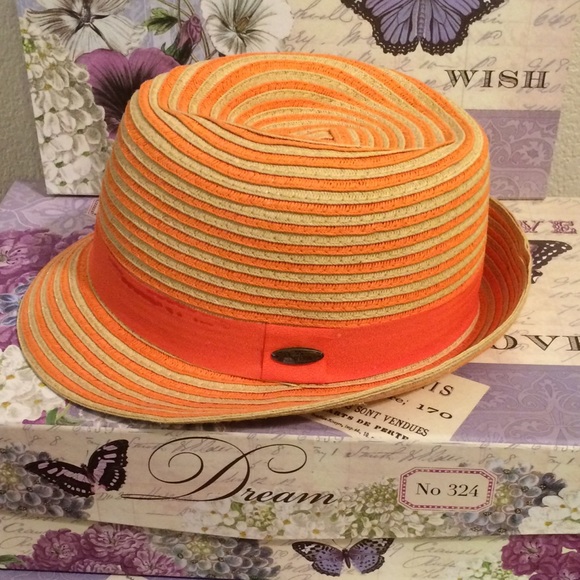 Orange striped straw fedora hat