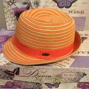 Orange striped straw fedora hat
