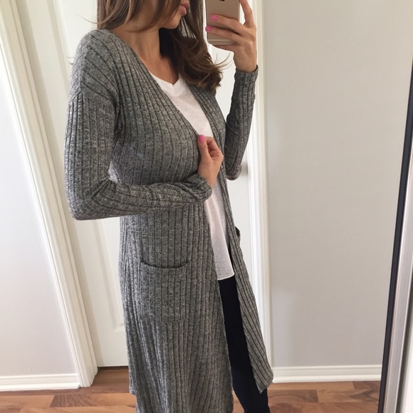 Sweaters - Sold • Grey Ribbed Long Cardigan Sweater