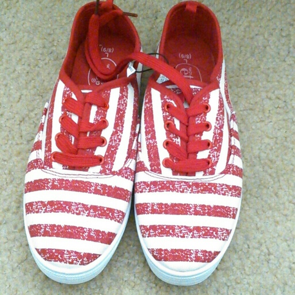 Red and white stripe canvas sneakers. NEVER WORN.