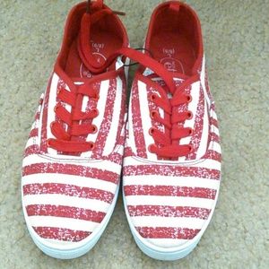 Red and white stripe canvas sneakers. NEVER WORN.