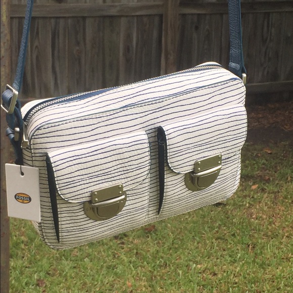 $ firm NWT fossil blue and white leather crossbody