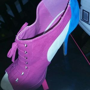 Suede platform open toe lace up heels