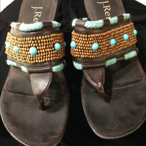 Brown and turquoise beaded wedge shoes