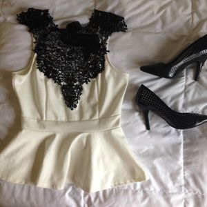 Cream & Black Peplum Blouse