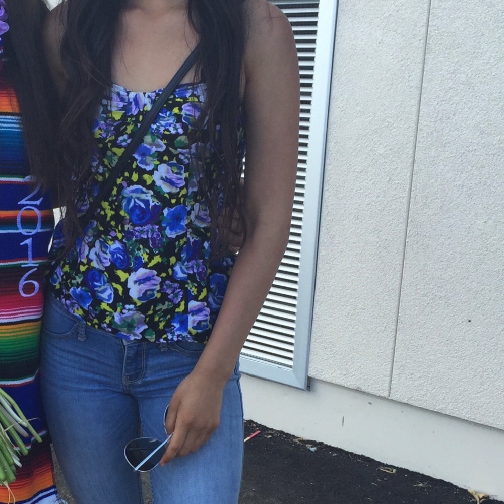 Black with blue and green floral print top