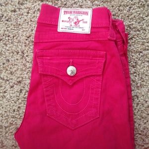 Hot pink true religion crop jeans