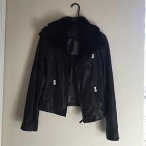LINE Leather Jacket with Rabbit Fur Collar