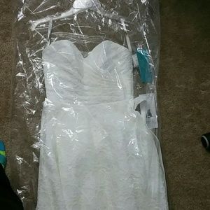 Short Strapless Ivory Lace Dress by Mori Lee