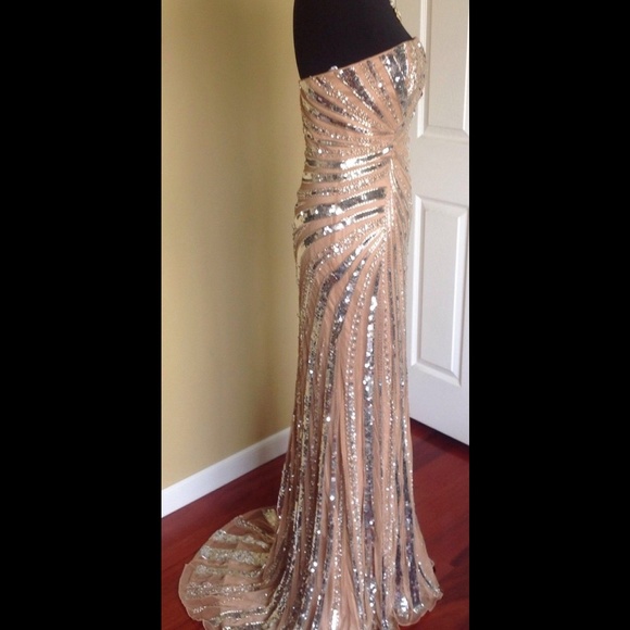 NEW SHERRI HILL NUDE SILVER GOWN DRESS SIZE 4 - Picture 3 of 4