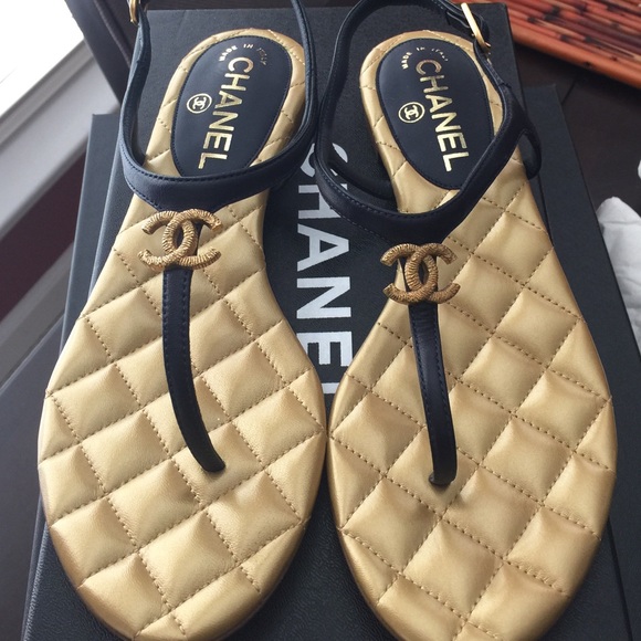 Authentic Chanel sandals all leather gold & navy.