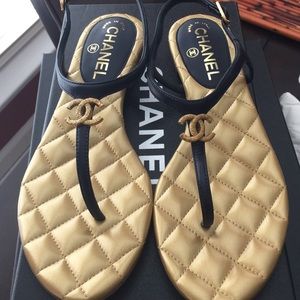 Authentic Chanel sandals all leather gold & navy.