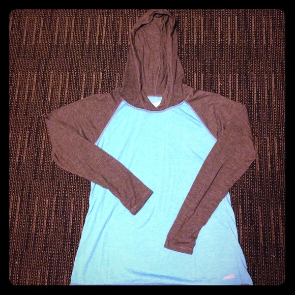 blue and grey shirt with hood