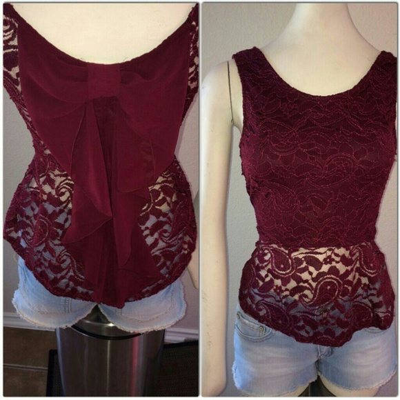 Ambiance Tops - Burgundy lace peplum