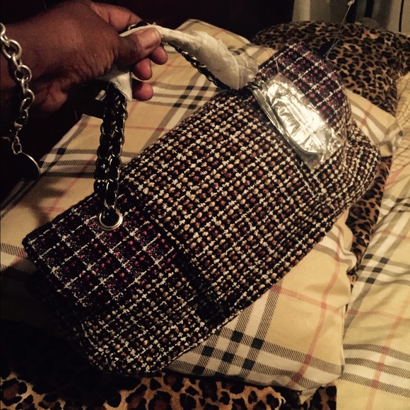 Tweed and leatherclutch handbag with chain