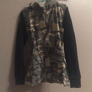 Hooded Camo Jacket w/ Black Sweatshirt Sleeves
