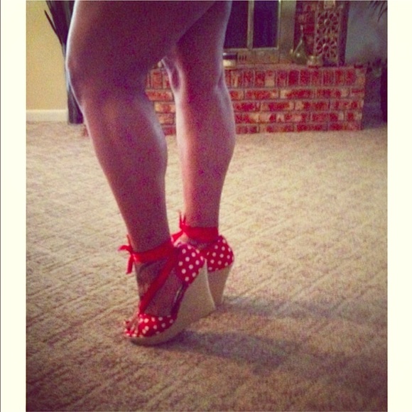 Red white polka dot wedge heels
