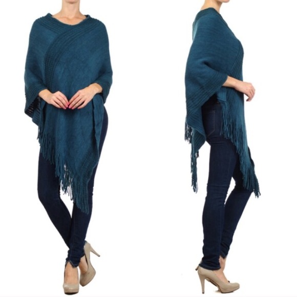 Jackets & Blazers - V-neck poncho w/fringe & asymmetrical neckline.