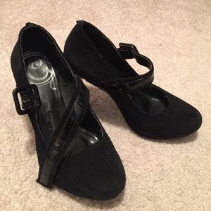 patent leather and suede heel