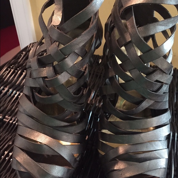 Grey strappy heels