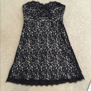 Strapless cream and black lace dress