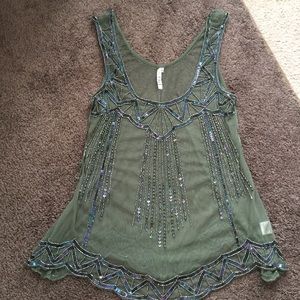 Sheer green tank w/ sequins and beading