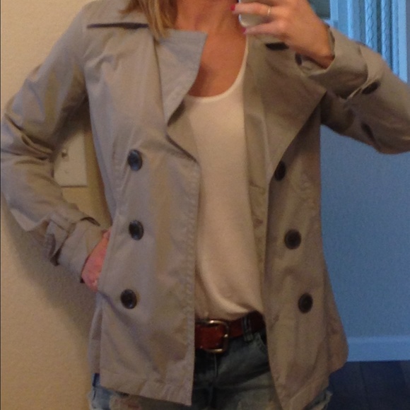 Jackets & Blazers - Grey rain coat with buttons.