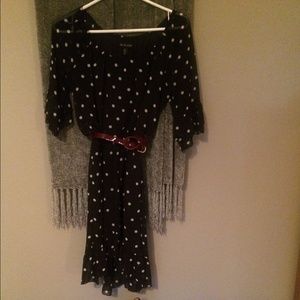 Black polka dot dress with dark maroon belt