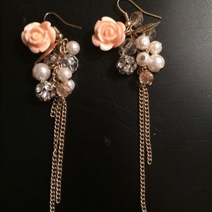 Rose and pearl dangle earrings