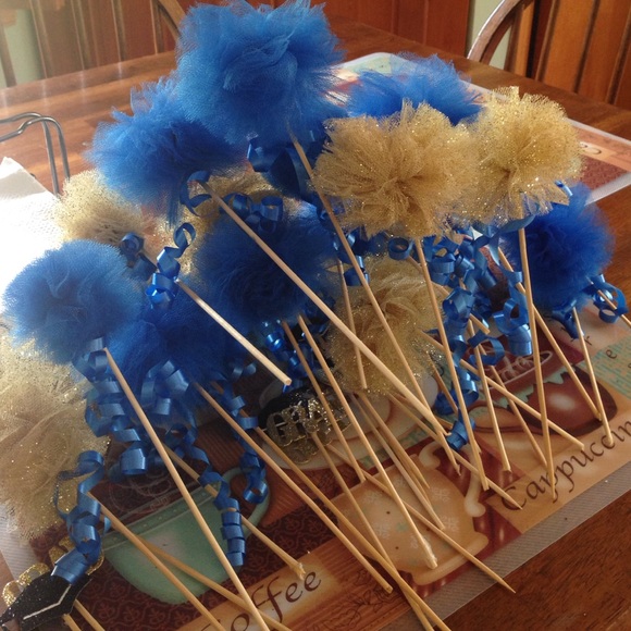 blue & gold tulle pom poms, glittered confetti