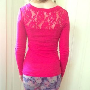 Hot Pink Lace Detail Long-Sleeve Top