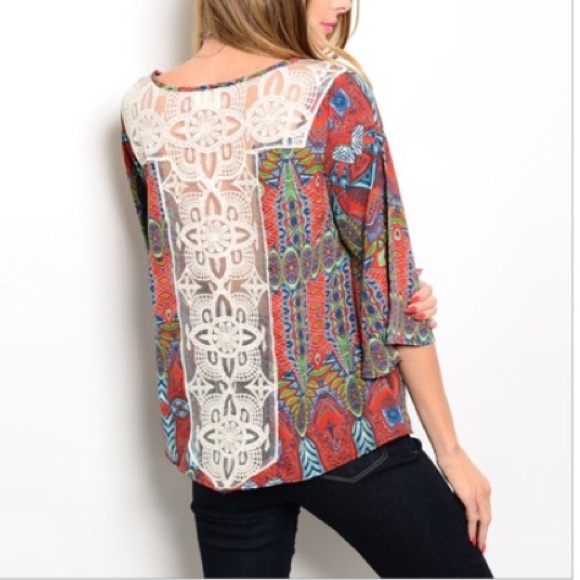 Tops - STUNNING RUST BLUE PATTERN TOP/LACE DETAIL