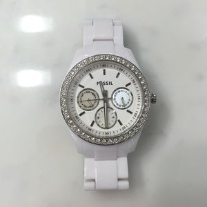 Womens Fossil White Diamond Watch