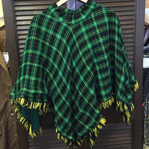 Vintage Green Plaid Reversible Fringe Poncho Cape